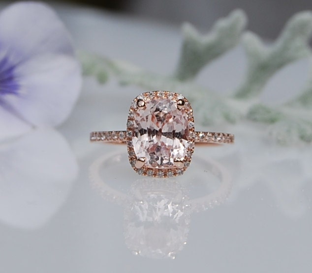 2.4ct Cushion ice peach champagne sapphire in 14k rose gold diamond ring engagement ring
