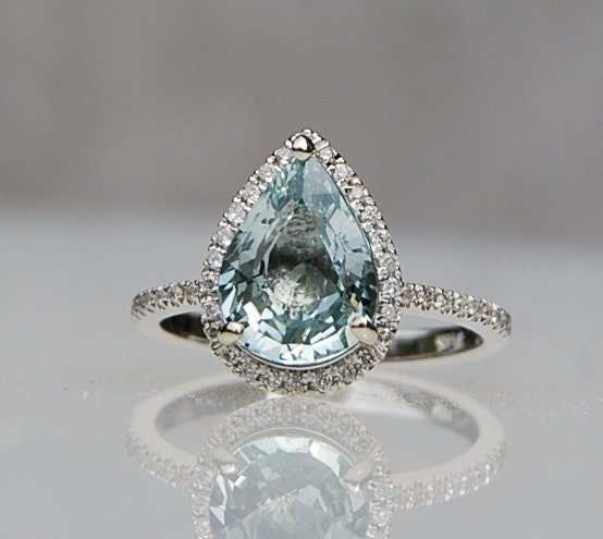 Ocean seafoam blue green pear sapphire diamond ring 14k white gold