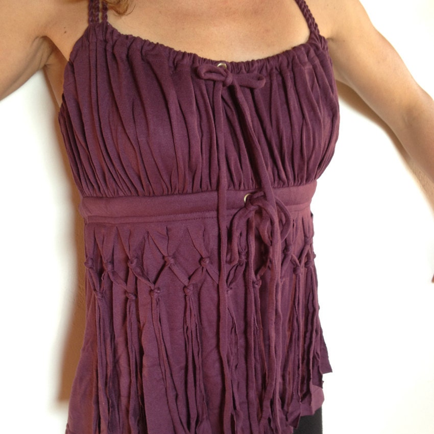 ORGANIC BAMBOO TOP - Tassel string camisole tank - Modern Hippie Party Elegant - Purple Burgundy