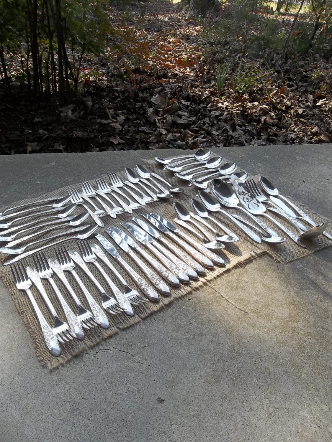 Vintage Silver Plate Flatware Service for 8 Plus Serving Set Silverplate National Silver ROSE LEAF  Wedding Decor Table Settings