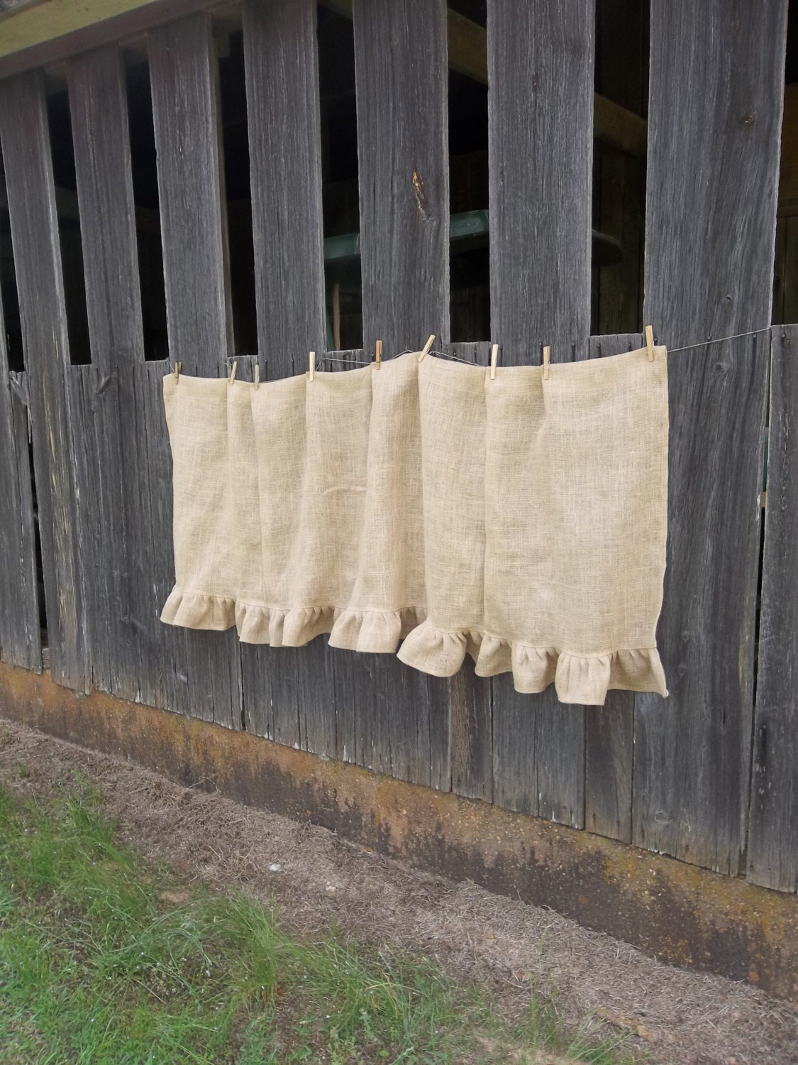 RESERVED Ruffled Burlap Curtain Farmhouse Kitchen Window Treatment Burlap Panel Rustic Curtain French Country Made to Order