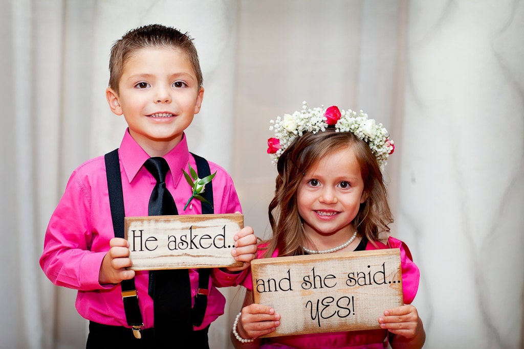 HE ASKED...and she said YES set of 2, Save the date, Photo props, Announcement, Engagement, Wedding Cards, Primitive looking Signs