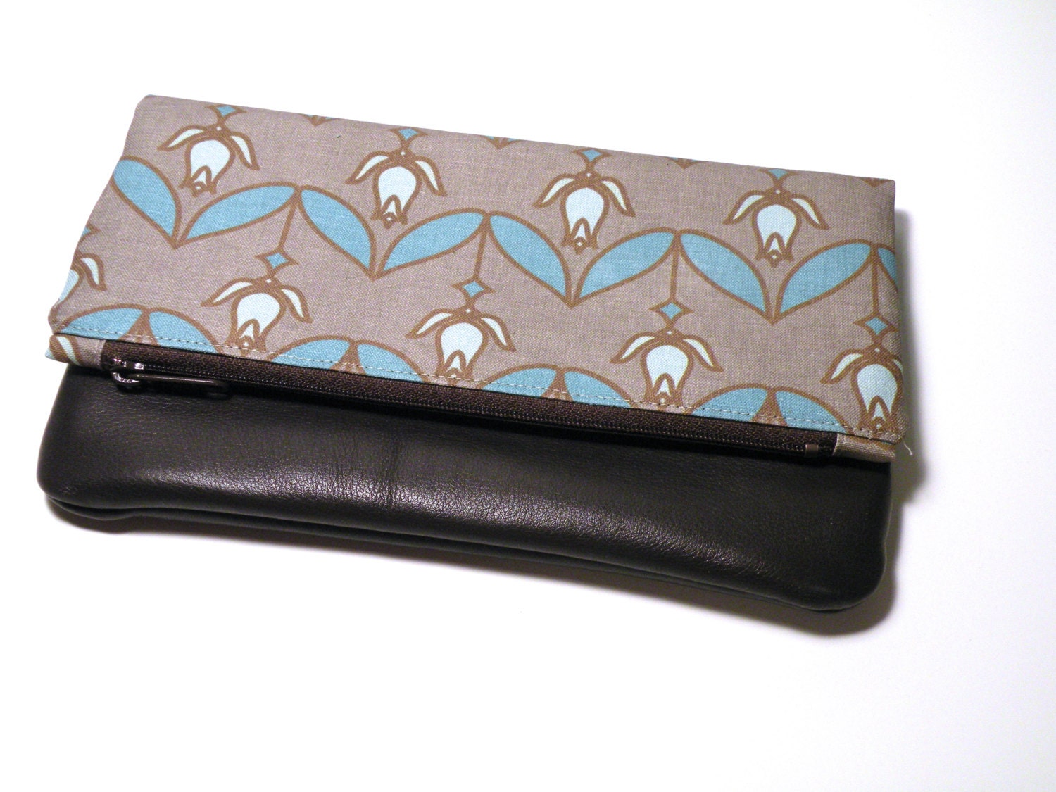 Foldover Clutch in Brown and Turquoise