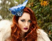 Gorgeous Hand Dyed Ombre Feather Fascinator, Sculpture, Feather Headpiece, vintage elements, Deep Blue, Purple,  Batcakes Couture
