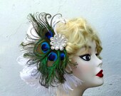 Peacock Feather Fascinator, Crystal Rhinestone, Head Piece, Bridal Hair Accessory, Ivory White Ostrich Feathers, Batcakes Couture