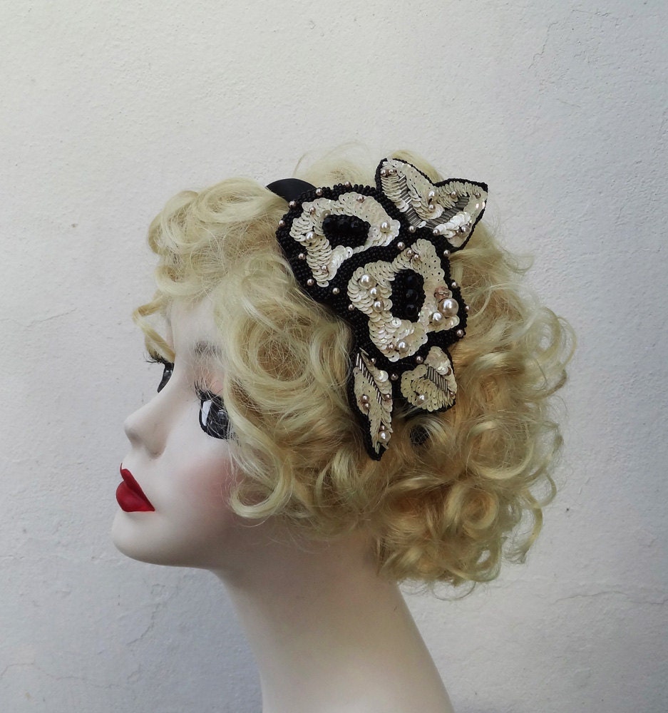 One of a Kind, Ivory Headband, Black Accents, Beaded Flowers, Pearls, 1920s Flapper Style, Hair Accessory, Fascinator, Batcakes Couture