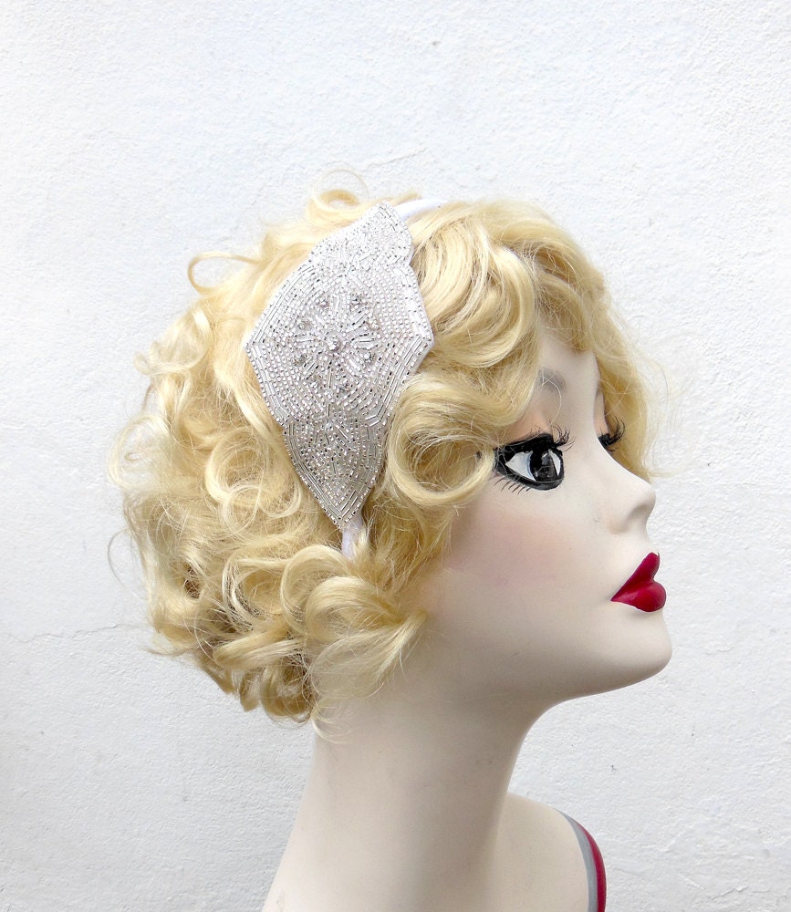 Silvery White, Beaded Headband, Bridal Head Piece, Swarovski Crystal, 1920s Flapper Style, Hair Accessory, Fascinator, Batcakes Couture