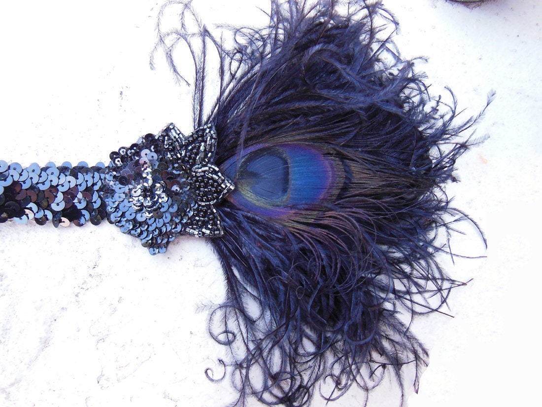 Gatsby Headband, Flapper Head Piece,  Peacock Feather Fascinator, Black Beaded, Costume Headdress, Halloween,  Batcakes Couture