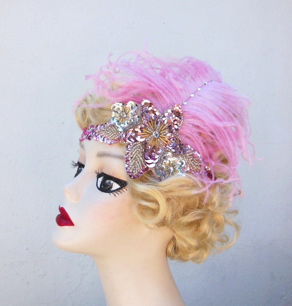 Pink Sequin and Beaded Flapper Headband, Vintage, Limited Edition, Feather Headband, Silver, Costume Head Piece, Great Gatsby