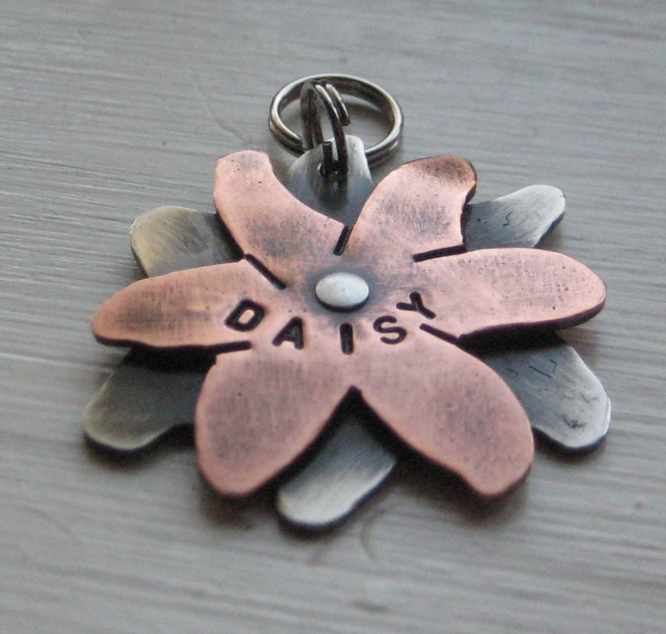 FLOWER dog tag ID. Custom handmade pet id tag nickel silver copper. Double layered and stamped.