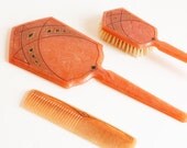 Vintage Dresser Vanity Set, Comb, Brush, Mirror - pink/orange - lucite - hard plastic
