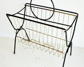 Vintage magazine rack - metal - black - gold tone - retro