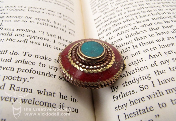 Handmade Brass Artisan Bead, Circle and Rope Disc Pendant Turquoise/Coral Color