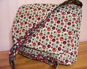 Messenger Bag-Reversible Cross Body Contemporary Geometric Red Green Brown with Matching Key Fob