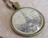 Round Eiffel Tower Pendant w Glass & Antiqued Brass