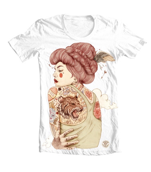 MENS T-Shirt, Tattoo Girl Scooped Neck, White T-Shirt, S/M/L/XL