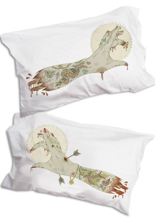 Zombie Hands Pillow, Tattoo Flash, Pillowcase Pair