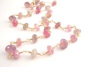 Natural Sapphire Necklace - Rosary Style - Pink - Cream - Light Gray - Gold - Classic - Wire Wrapped