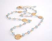 Sky Blue Topaz Quartz Rosary Necklace With Gold Vermeil Discs - Wire Wrapped - Light Blue - Gold