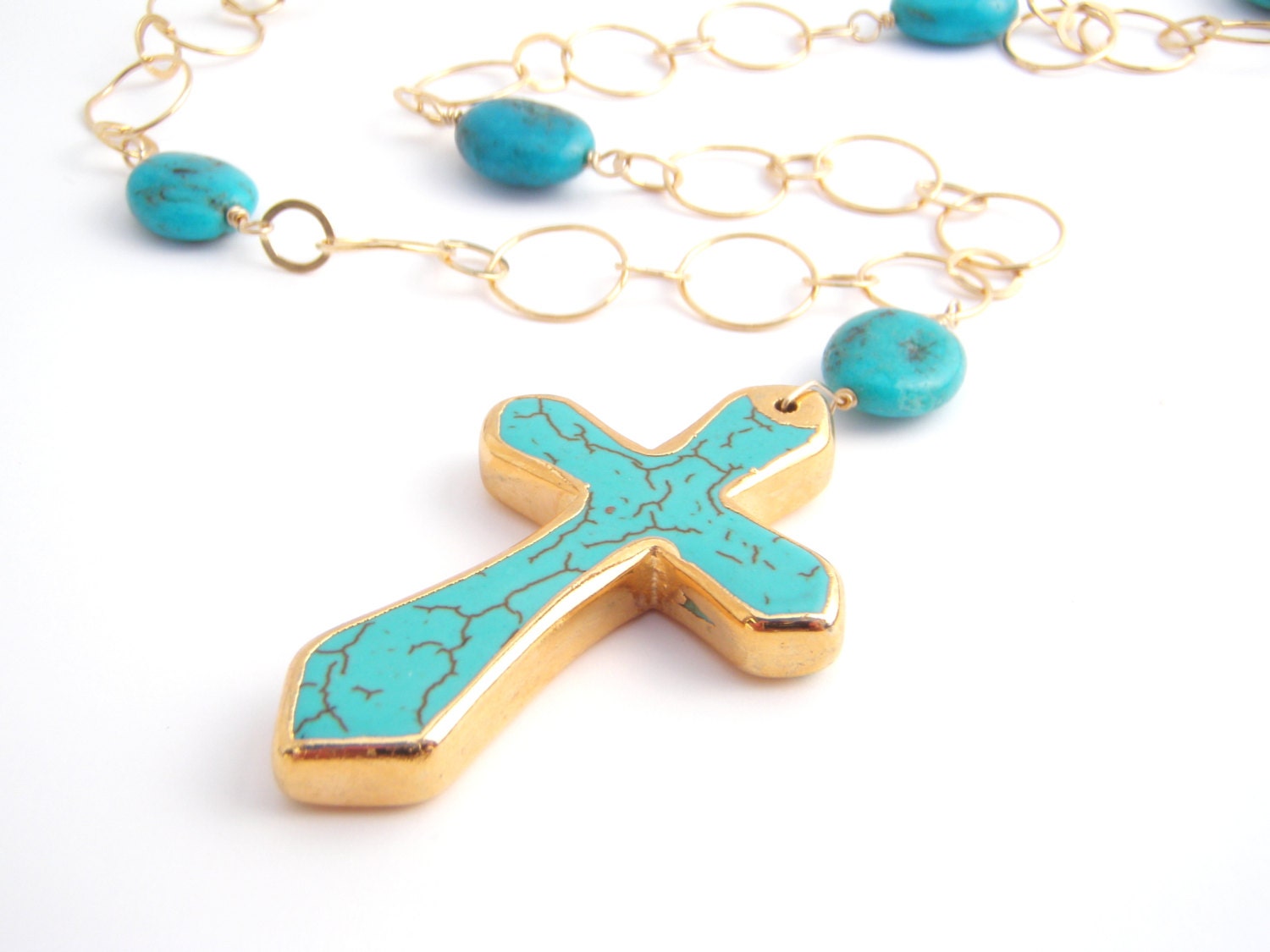 Chain Necklace With Turquoise Cross Pendant - Turquoise - Gold - Large Pendant - Long Necklace