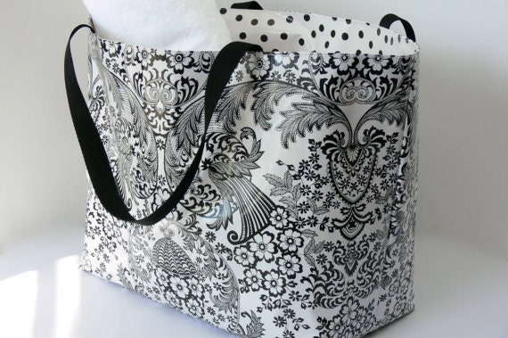 SALE Large Lined Oilcloth Tote Bag Reversible Market Beach Bag