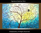 Large Abstract Landscape Painting Original Modern Heavy Texture Impasto Palette Knife Tree Love Birds Wall Décor "A New Life" by QIQIGALLERY