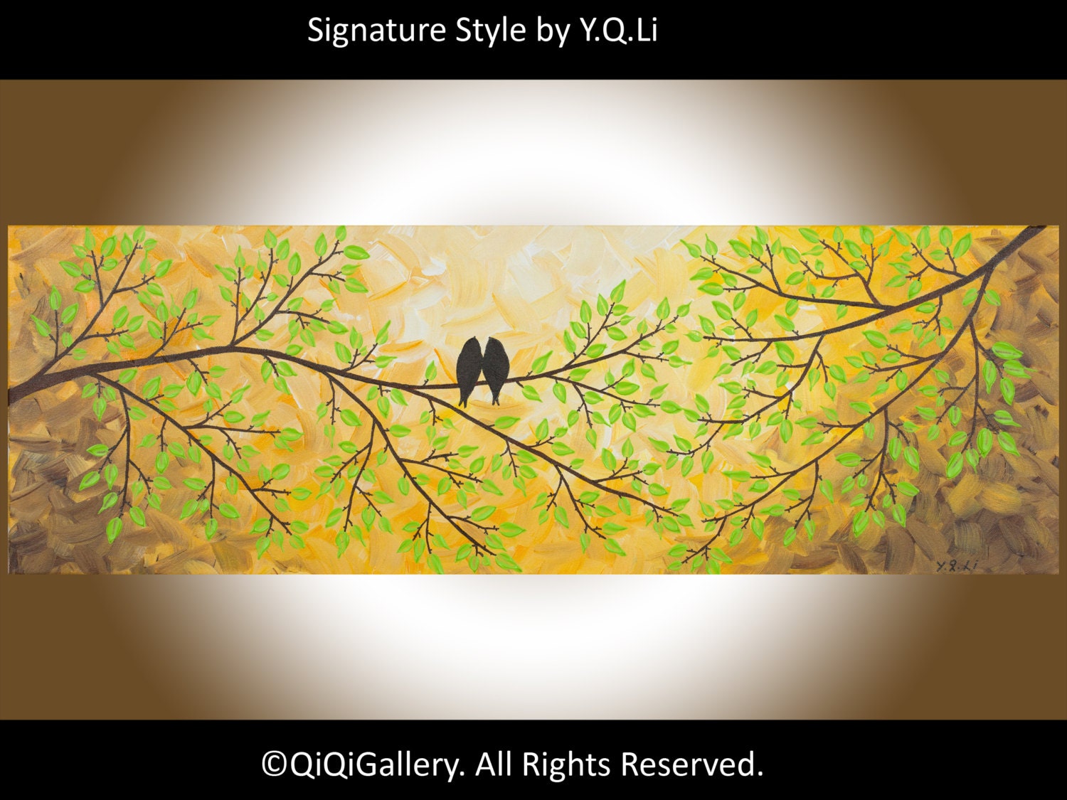 Abstract Landscape Painting Original Modern Heavy Texture Impasto Palette Knife Tree Love Birds Wall Décor "Glory of the Sun" by QIQIGALLERY