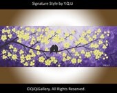 Abstract Heavy Texture Impasto Palette Knife Tree Flower Love Birds "Love and Romance" by QIQIGALLERY