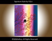 Abstract Landscape Painting Love Birds Handmade Heavy Texture Impasto Tree Palette Knife Wall Décor "The Magic Moment" by QIQIGALLERY