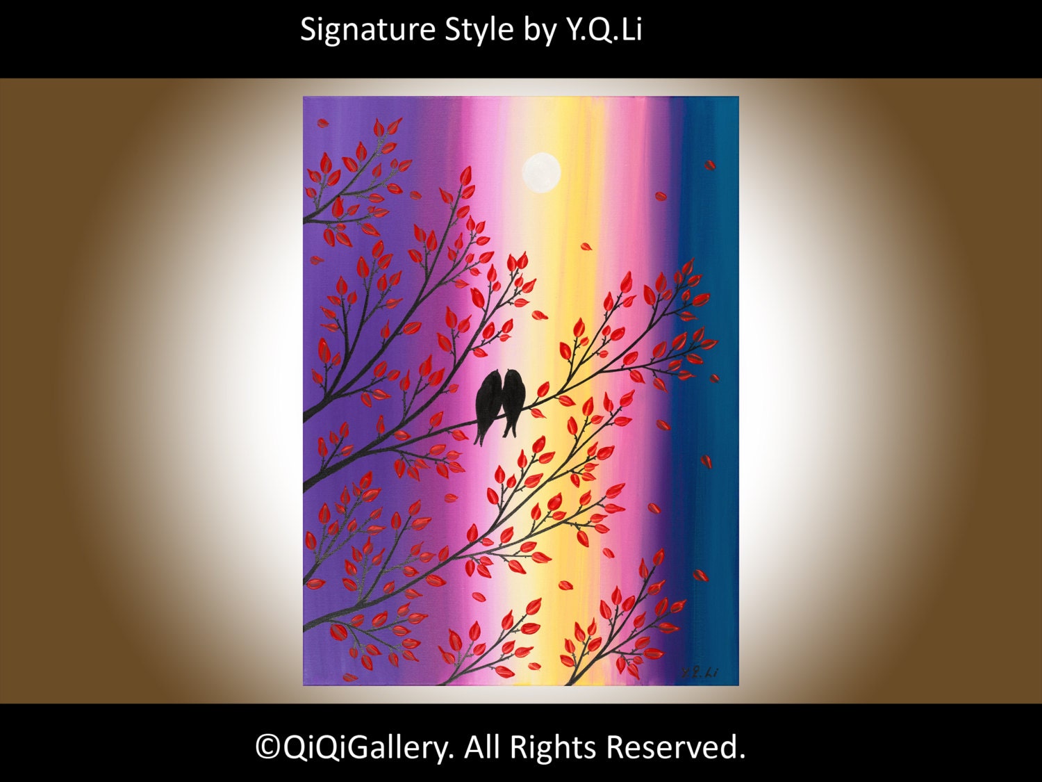 Abstract Landscape Painting Love Birds Handmade Heavy Texture Impasto Tree Palette Knife Wall Décor "The Magic Moment" by QIQIGALLERY