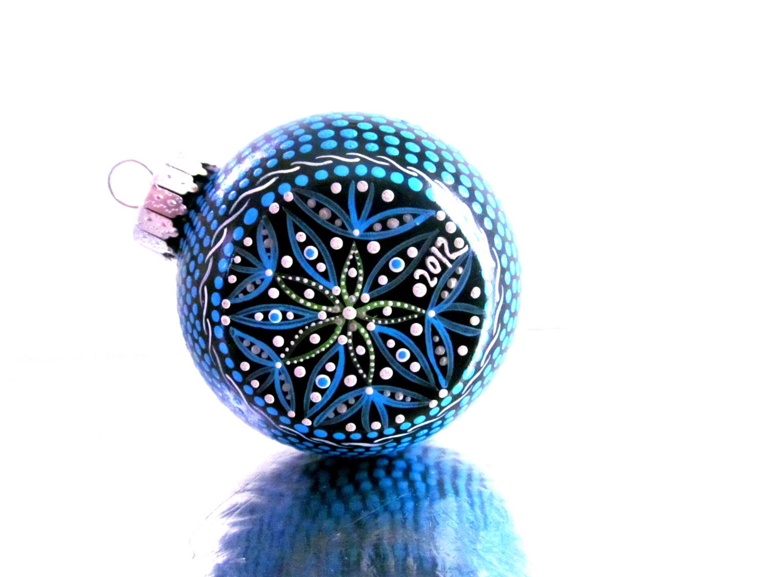 Bright Blue and Black Glass Christmas Ornament Hand Painted