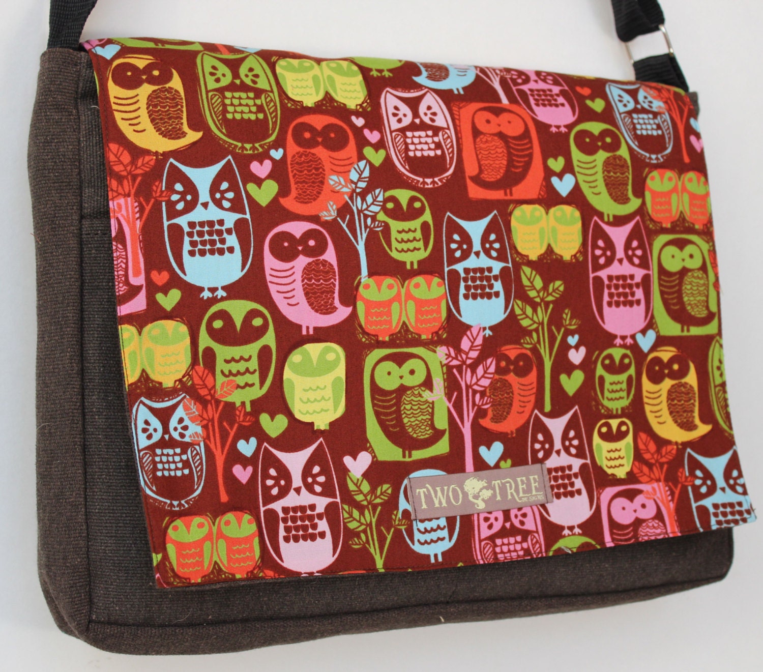 Heather Brown Retro OWL Print MESSENGER ipad Laptop Diaper BAG
