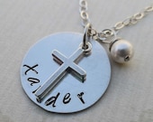 Personalized Name with Cross- Hand-Stamped Necklace- Custom Name - S 98
