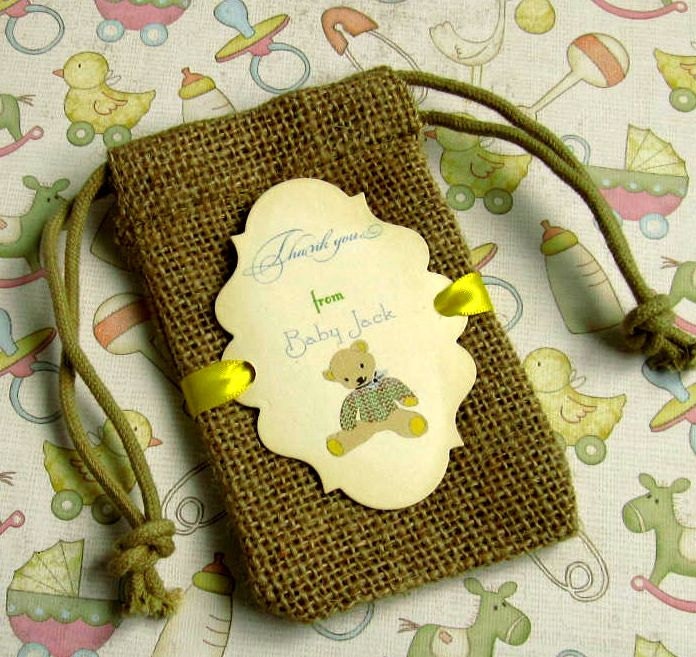 Burlap baby shower favor bags - Personalized - Teddy Bear