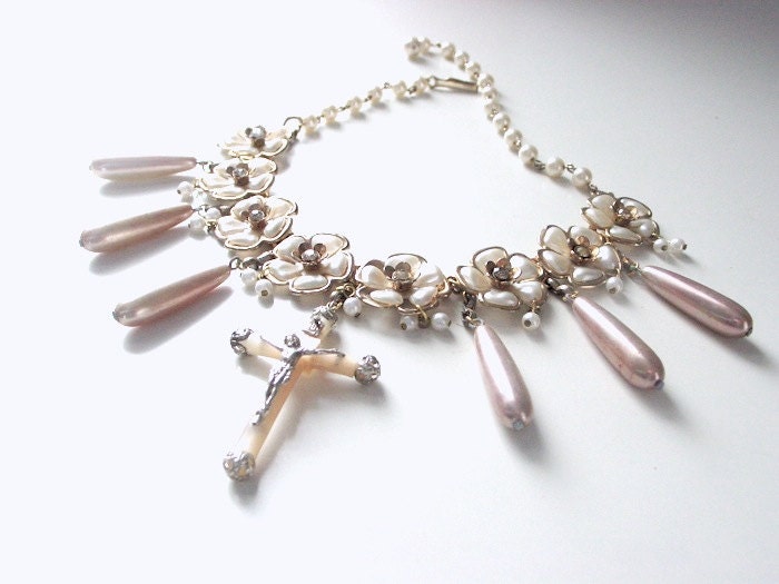 Tabernacle religious assemblage necklace. Creamy pearl, palest pink teardrops, divine wedding statement . one of a kind