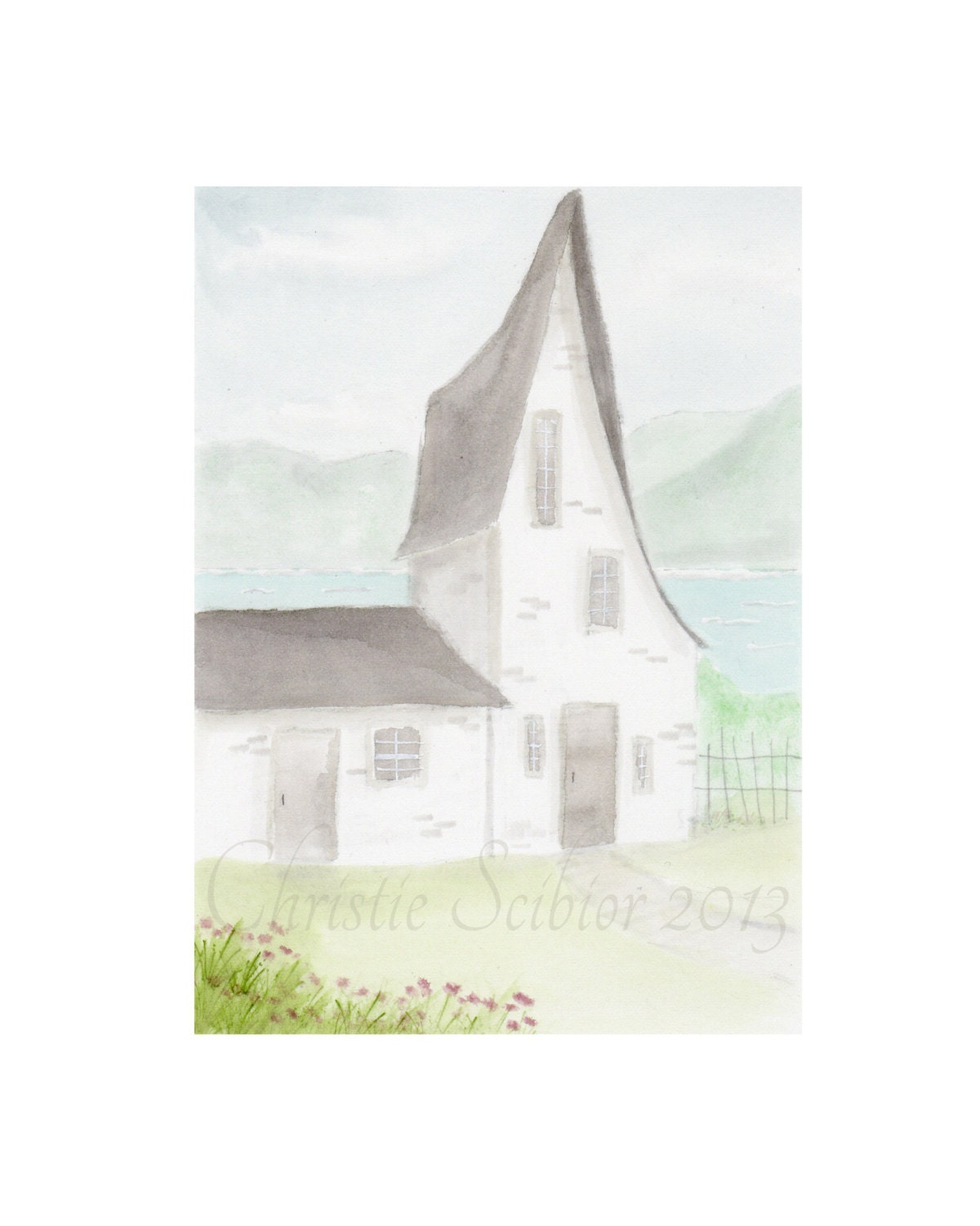cottage lake Scene Watercolor painting Art Print Ocean Shabby Chic Victorian Seaside Coastal 5x7 Archival