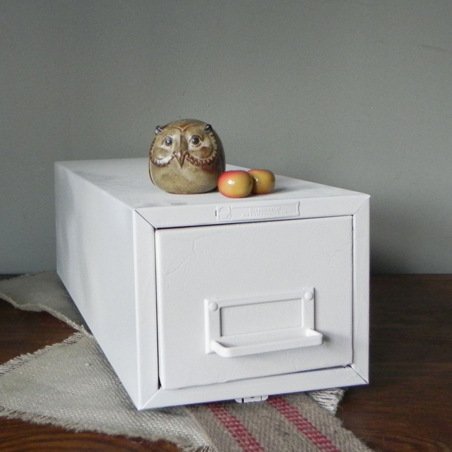 Vintage card file box - white metal with label holder in front