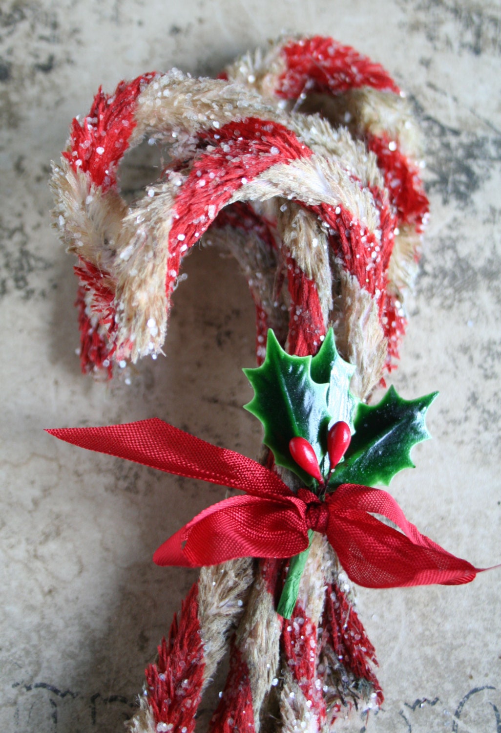 Primitive Style Chenille Red Striped Holiday Candy Canes