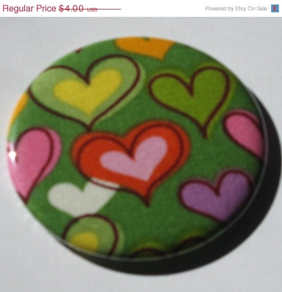 40% OFF sale Valentine Pocket Mirror green with hearts fabric covered 2.25 inches