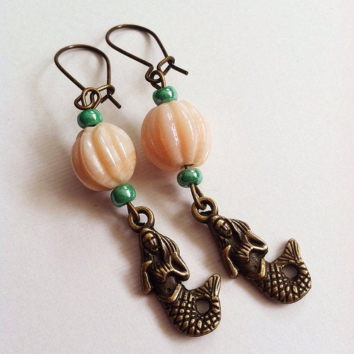 Mermaid Dangle Earrings Vintage Inspired Shell Beads