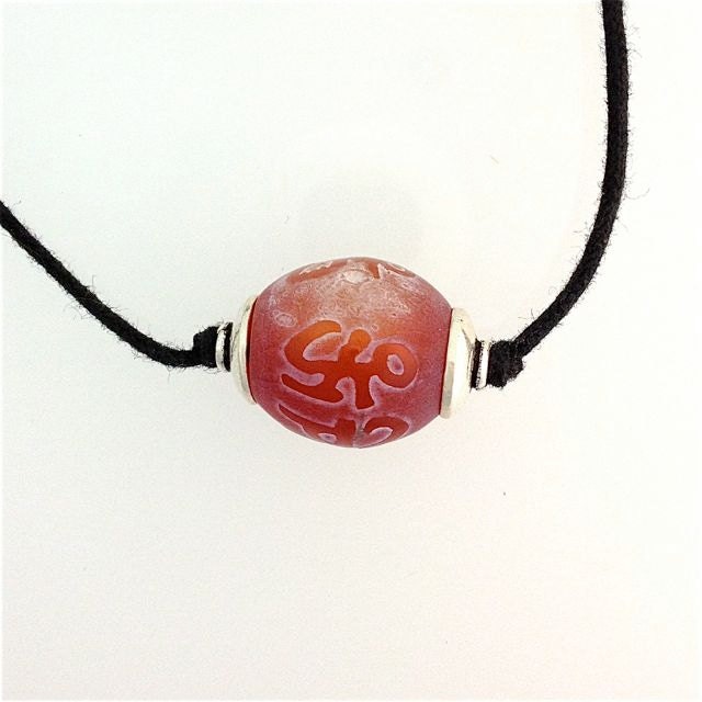 Agate Bead Etched Framed in Sterling Silver with Two Knot Cord