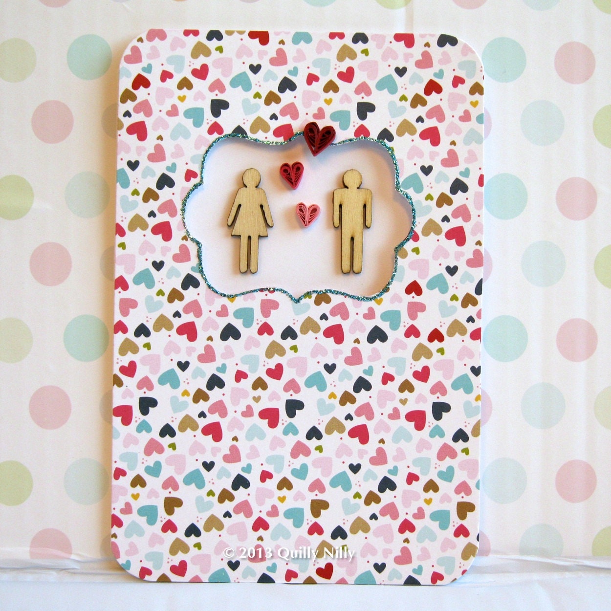 Paper Quilled Card, REDUCED Price, Hearts all Over Couple, READY to SHIP