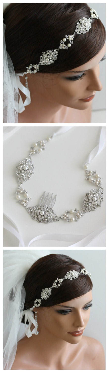 Bridal Headband Wedding hair Accessories Ribbon Headband Pearl and Rhinestone Vintage Head Piece Hair Jewelry MARCELLA DIVINE