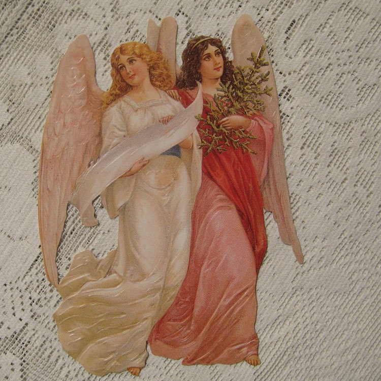 Germany Large Single Lithographed Die Cut Paper Scrap Victorian Angels