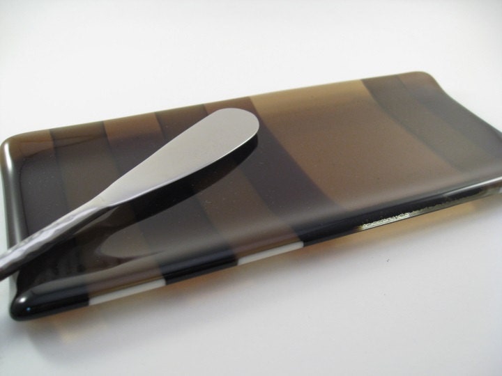 Glass Butter Dish Plate Blue with Stainless Steel Knife