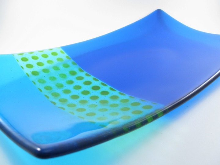 Fused Glass Rectangle Plate Blues and Polka Dots