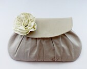 Linen Clutch - Flower Embellished Purse, Wedding Bridal Accessory, Bridesmaids Gift