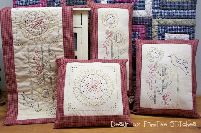 Sunflower Crow Table Runner-Pillow Set-Primitive Stitchery E-PATTERN-Instant Download