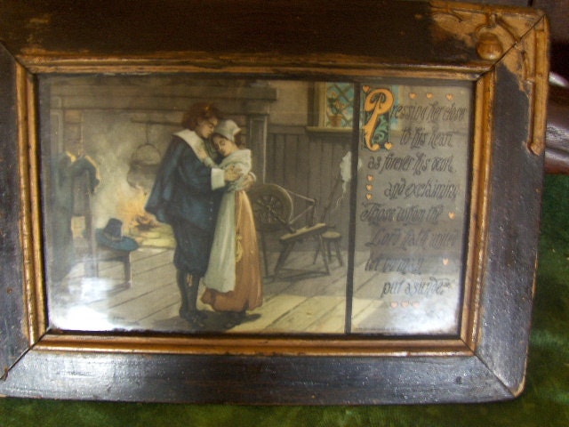 Antique Framed  Valentine with Longfellow Poem Signatured Art Decorative Wooden Frame Original Backing Glass and Tacks