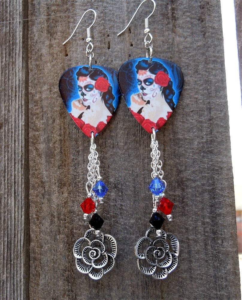 Rose Woman Guitar Pick Earrings with Dangles